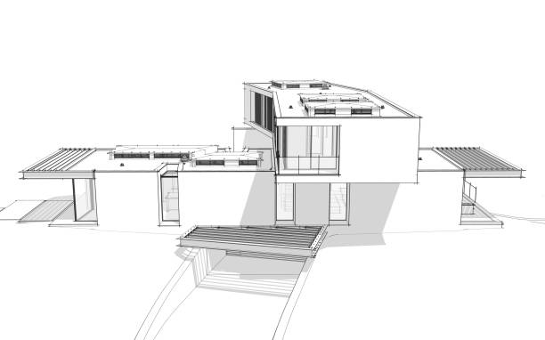 istock 3d rendering of modern house on the hill with pool black line on white background 1275823573