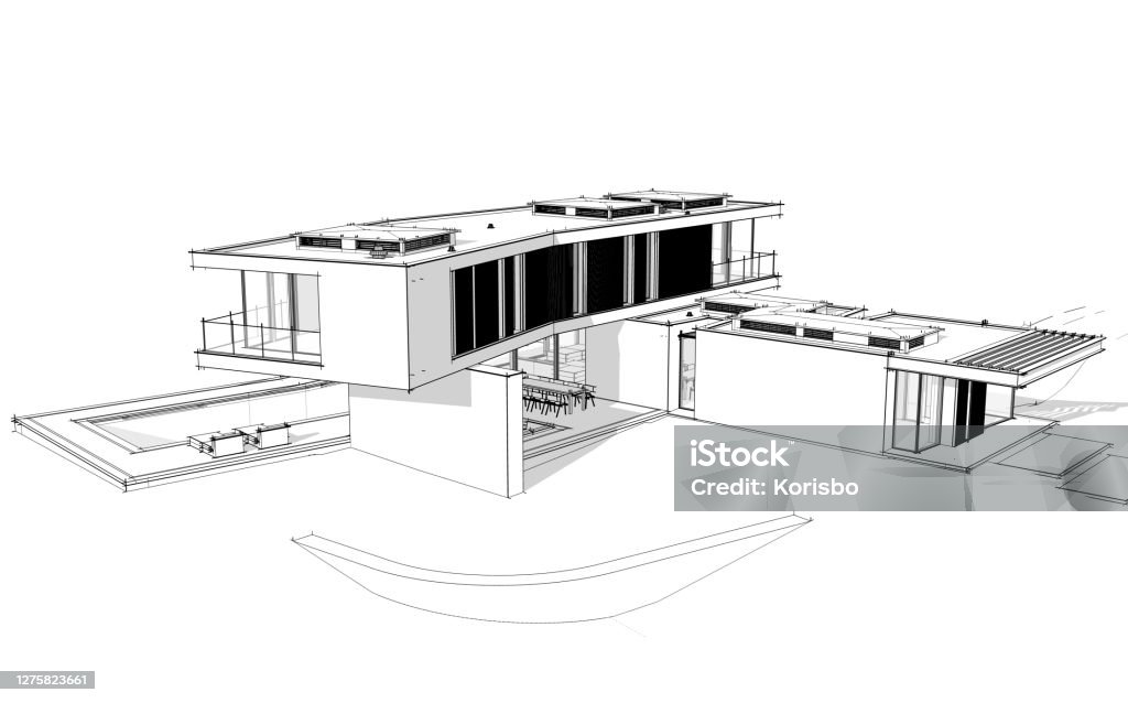 3d rendering of modern house on the hill with pool black line on white background 3d rendering of modern cozy house on the hill with garage and pool for sale or rent.  Black line sketch with soft light shadows on white background. Architecture Stock Photo