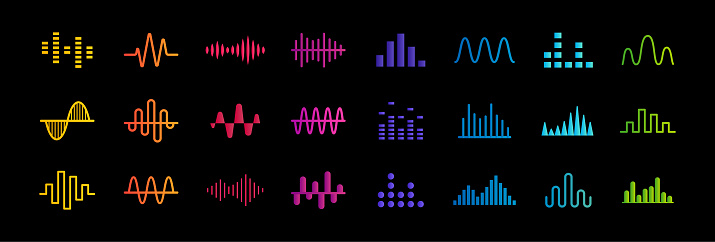 Set of music equalizer icons, sound waves lines, rate and chart bar symbols collection, heart pulse medical sign, vector illustration.