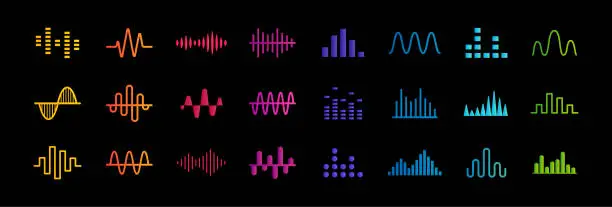 Vector illustration of Set of music equalizer icons, sound waves lines, rate and chart bar symbols collection, heart pulse medical sign, vector illustration