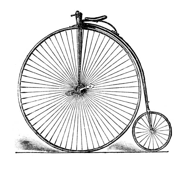 High wheel Penny Farthing bicycle from 1886 illustration Bicycle from 1885 - The penny-farthing, also known as a high wheel, high wheeler or ordinary, was the first machine to be called a "bicycle". It was popular in the 1870s and 1880s, with its large front wheel providing high speeds (owing to it travelling a large distance for every rotation of the legs) and comfort (the large wheel provides greater shock absorption).The term bicycle came into use and began to replace velocipede in the 1870s. In Germany, Sachs (1887) and Adler were among the earliest.
Original edition from my own archives
Source : Gartenlaube 1886 penny farthing bicycle stock illustrations