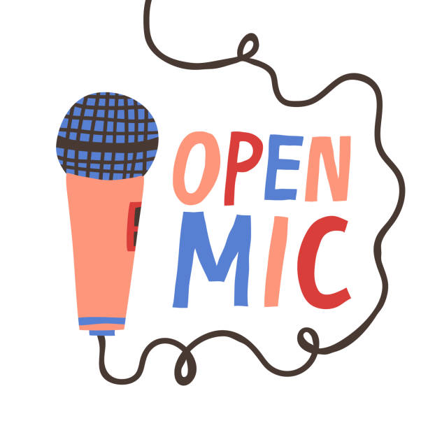 Open Mic sign and microphone isolated on white background. Fun flat style drawing. Stand-up party live event poster. Comedy or poetry show flyer design. Colorful hand drawn vector illustration microphone illustrations stock illustrations