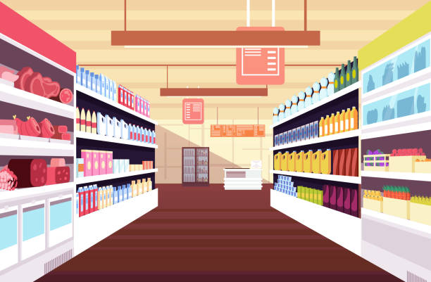 illustrations, cliparts, dessins animés et icônes de intérieur de supermarché d’épicerie avec des étagères complètes de produit. concept vectoriel de détail et de consumérisme - supermarket