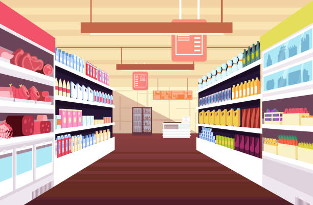 Grocery supermarket interior with full product shelves. Retail and consumerism vector concept Grocery supermarket interior with full product shelves. Retail and consumerism vector concept. Illustration of supermarket and shop, grocery interior supermarket aisles vector stock illustrations