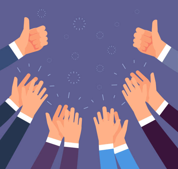 Hands clapping. Thumbs up and applause gestures. Congratulation, appreciation and business success vector concept Hands clapping. Thumbs up and applause gestures. Congratulation, appreciation and business success vector concept. Illustration of people support and like thumb, up, applause hand applaus stock illustrations