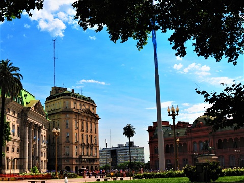 Buenos Aires, Argentina - November 18, 2019. Impressive  Buildings in the City Center of Buenos Aires View from Plaza de Mayo Square, Historical Place in Argentina.