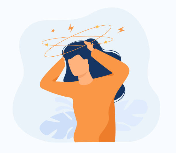 Sick person suffering from vertigo Sick person suffering from vertigo, feeling confused, dizzy and head ache. Flat vector illustration for stress, sickness symptoms, migraine, hangover concept banging your head against a wall stock illustrations