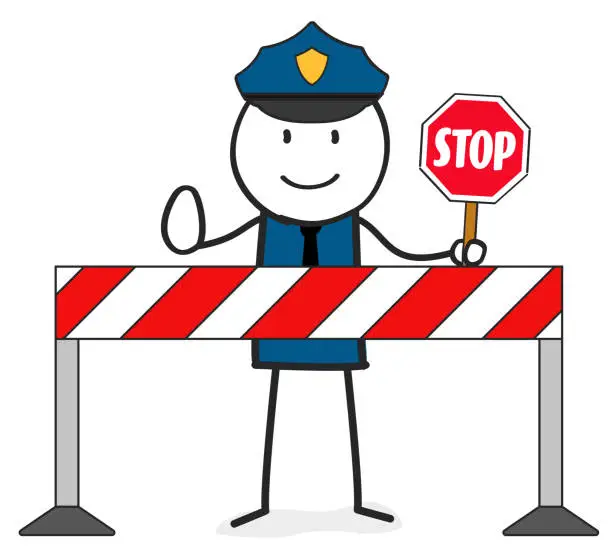 Vector illustration of Police say stop with road barrier
