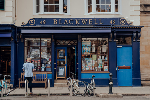 Oxford, UK - August 04, 2020: Exterior of Blackwell bookshop in Oxford, a city in England famous for its prestigious university, established in the 12th century. Selective focus.