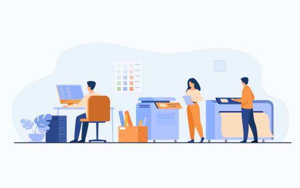 Print house workers using computers Print house workers using computers and operating big commercial printers for printing banners and posters. Vector illustration for ad agency, printing industry, advertising design concept printout stock illustrations