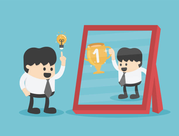 ilustrações de stock, clip art, desenhos animados e ícones de young businessman ave good ideas. see reflection from mirror he achieved and victory - mirror reflection men individuality