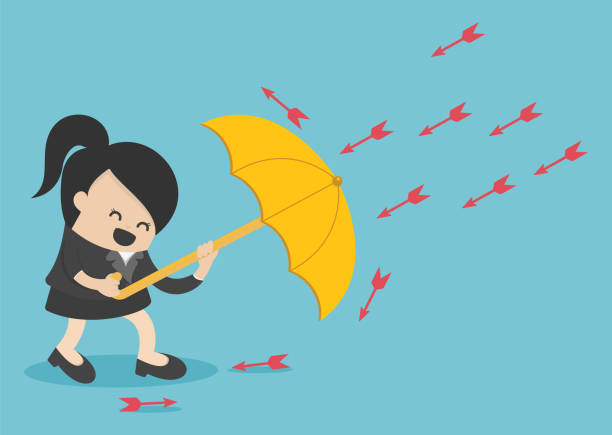 istock Businesswoman use umbrella to protecting arrow down vector 1275831186