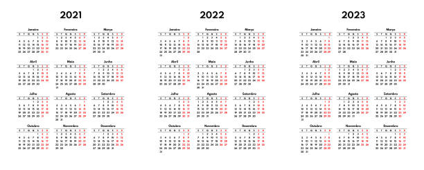 illustrazioni stock, clip art, cartoni animati e icone di tendenza di semplice griglia calendario portoghese 2021 2022 2023, inizia lunedì, due fine settimana - domenica illustrazioni