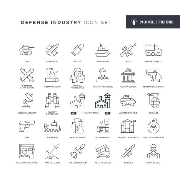ilustraciones, imágenes clip art, dibujos animados e iconos de stock de iconos de línea de trazo editables de la industria de la defensa - defense industry