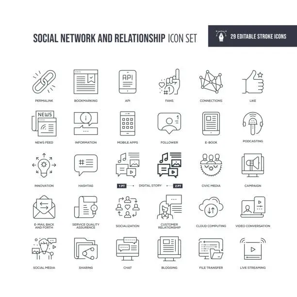Vector illustration of Social Network and Relationship Editable Stroke Line Icons