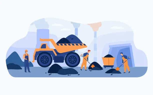 Vector illustration of Coal pit workers in overalls digging heaps of coal
