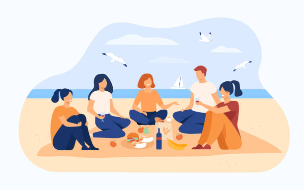 ilustrações de stock, clip art, desenhos animados e ícones de happy friends sitting on beach - vector sand summer smiling