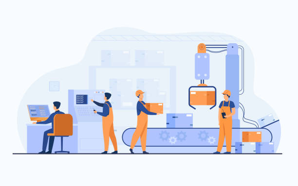 Factory workers and robotic arm removing packages from conveyor Factory workers and robotic arm removing packages from conveyor line. Engineer using computer and operating process. Vector illustration for business, production, machine technology concepts factory stock illustrations