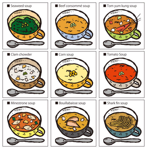 ilustraciones, imágenes clip art, dibujos animados e iconos de stock de ilustración del conjunto de sopa. - minestrone