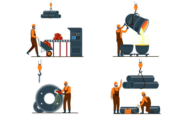 Set of metallurgy Industry illustrations Set of Metallurgy Industry illustrations showing Metal Products, Smelting and production and manufacturing or Metalworking in a production plant or mine with workers, colored vector illustration metallurgy stock illustrations