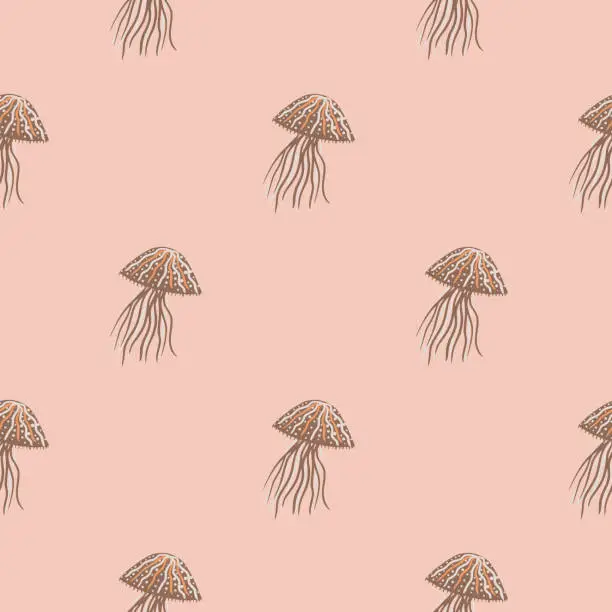 Vector illustration of Pastel seamless doodle pattern with jellyfish silhouettes. Beige wild exotic ornament on soft pink background. Aqua print.
