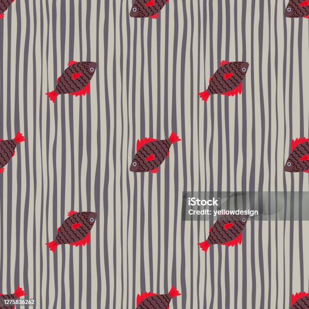 Brown Fish Pattern Dark Brown Fish With Red Details Seamless Pattern Stripped Monochrome ...