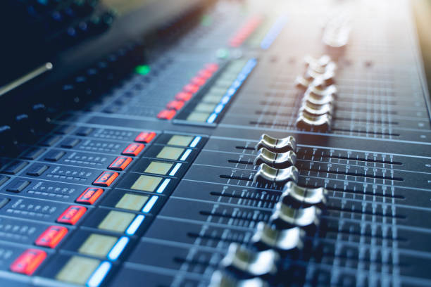 istock professional concert mixing console is equipped with high-precision and long-stroke faders. Close-up 1275836879