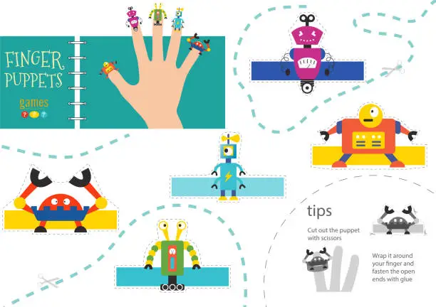 Vector illustration of Finger puppet vector robots. Cut and glue educational worksheet for preschool or school kids