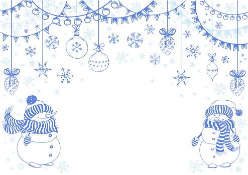 Christmas card with snowmen, holiday garlands, decoration and snowflakes. Vector doodle illustration.