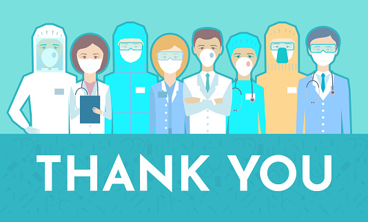 Cartoon image of doctors and nurses for postcard. Thank you doctors and nurses working in the hospitals and fighting the coronavirus, vector illustration