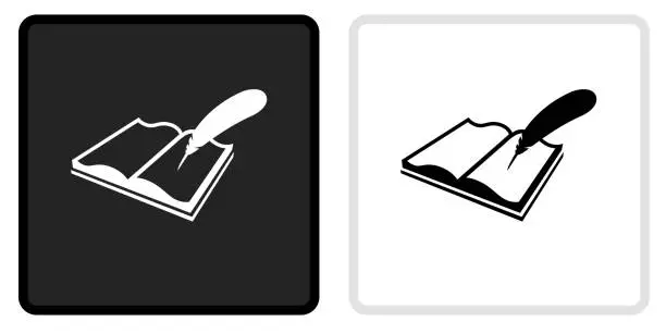 Vector illustration of Open Book and Quill Pen Icon on  Black Button with White Rollover