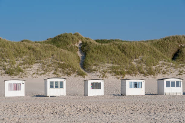 petites maisons emblématiques de plage blanche à la plage de løkken - denmark beach beach house house photos et images de collection