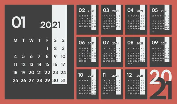 Vector illustration of 2021 year wall vertical calendar, starts monday, two weekends, dark background