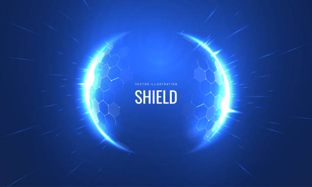 ilustrações de stock, clip art, desenhos animados e ícones de bubble shield futurictic vector illustration on a blue background. dome geometric in the form of an energy shield in an abstract glowing style. cover concept in technological game style - membrana celular