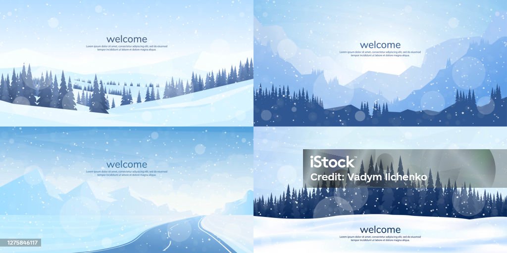 Vector Illustration Flat Winter Landscape Simple Snowy Backgrounds  Snowdrifts Snowfall Clear Blue Sky Blizzard Snowy Weather Winter Season  Panoramic Wallpapers Set Of Backgrounds Stock Illustration - Download Image  Now - iStock