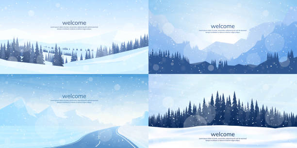 Vector illustration. Flat winter landscape. Simple snowy backgrounds. Snowdrifts.  Snowfall. Clear blue sky. Blizzard. Snowy weather. Winter season. Panoramic wallpapers. Set of backgrounds. Vector illustration. Flat winter landscape. Simple snowy backgrounds. Snowdrifts.  Snowfall. Clear blue sky. Blizzard. Snowy weather. Winter season. Panoramic wallpapers. Set of backgrounds. snow road stock illustrations