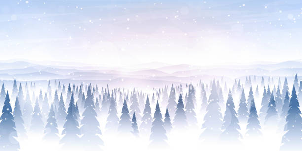 Vector illustration. Flat landscape. Snowy background. Snowdrifts. Snowfall. Clear blue sky. Blizzard. Cartoon wallpaper. Cold weather. Winter season. Forest trees and mountains. Design for website Vector illustration. Flat landscape. Snowy background. Snowdrifts. Snowfall. Clear blue sky. Blizzard. Cartoon wallpaper. Cold weather. Winter season. Forest trees and mountains. Design for website fir tree horizon forest woods stock illustrations