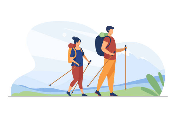 illustrations, cliparts, dessins animés et icônes de couples avec des sacs à dos marchant à l’extérieur - hiking outdoors women men