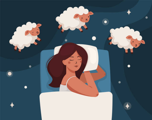 A woman falls asleep and counts sheep. Insomnia A woman falls asleep, dreams, and counts sheep. Insomnia and sleep disorders. The girl is lying on the bed, lambs are jumping around. Around the stars and dark space. Flat vector illustration. sleep stock illustrations