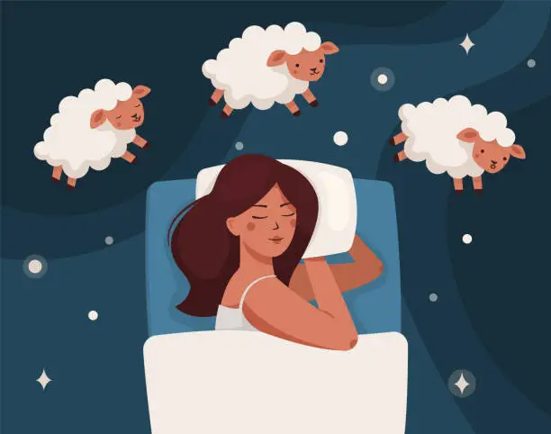 Vector illustration of A woman falls asleep and counts sheep. Insomnia
