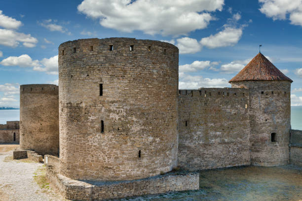 Ancient Akkerman fortress in Ukraine Ancient Bilhorod-Dnistrovskyi or Akkerman fortress on the bank of the estuary in Ukraine. Garrison courtyard with Citadel, Prison, Treasury and Commandant Towers . belgorod photos stock pictures, royalty-free photos & images