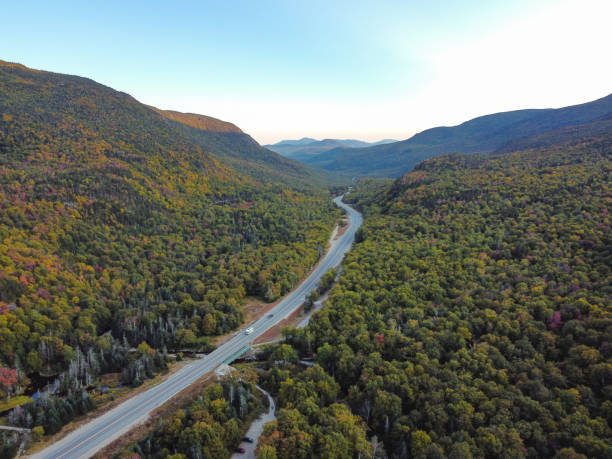 istock Drone aerial view ofautumn woodland with mountain backdrop 1275849968