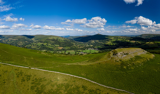 Panoramic aerial view of Table Mountain and the Sugar Loaf Mountain in the Brecon Beacons, Wales,