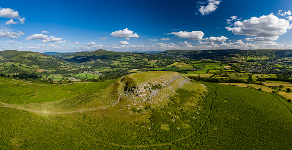 Panoramic aerial view of Table Mountain and the Sugar Loaf Mountain in the Brecon Beacons, Wales,