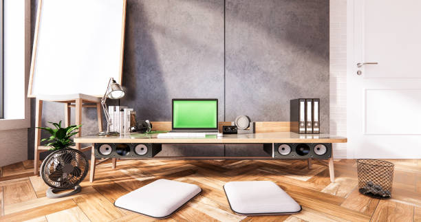 istock The interior Computer and office tools on mini desk in room concrete and white brick wall design. 3D rendering 1275852559
