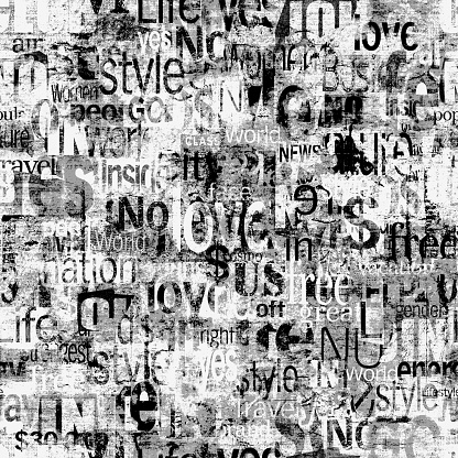 Abstract grunge urban geometric words, letters seamless pattern. Aged newspaper, magazine textured paper background. Black white collage repeating texture. Print for textile, wallpaper, wrapping paper