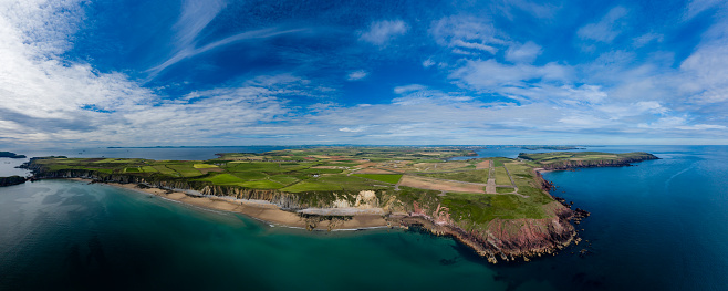 Panoramic aerial view of an abandoned, clifftop airfield