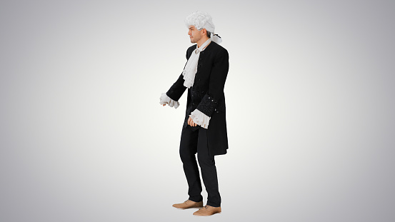 Wide shot. Side view. A man dressed as a courtier doing nothing and waving hands on gradient background. Professional shot in 4K resolution. 047. You can use it e.g. in your medical, commercial video, business, presentation, broadcast