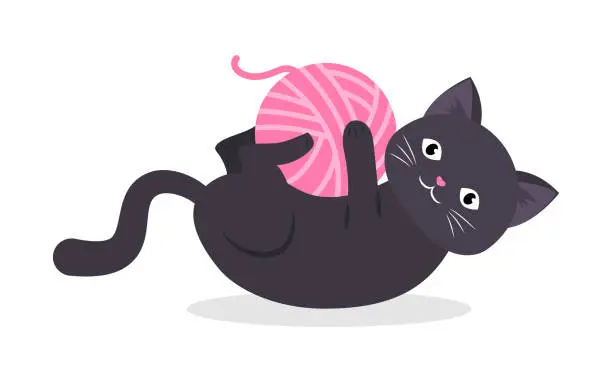 Vector illustration of Black cat playing pink a clew for knitting.