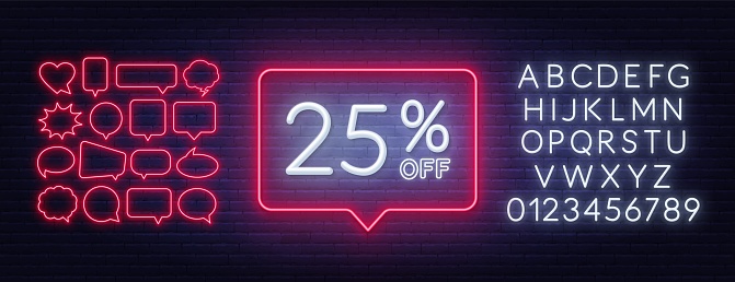 25 percent off discount neon sign. Template for a design with speech bubble frames. Neon white alphabet on brick wall background.